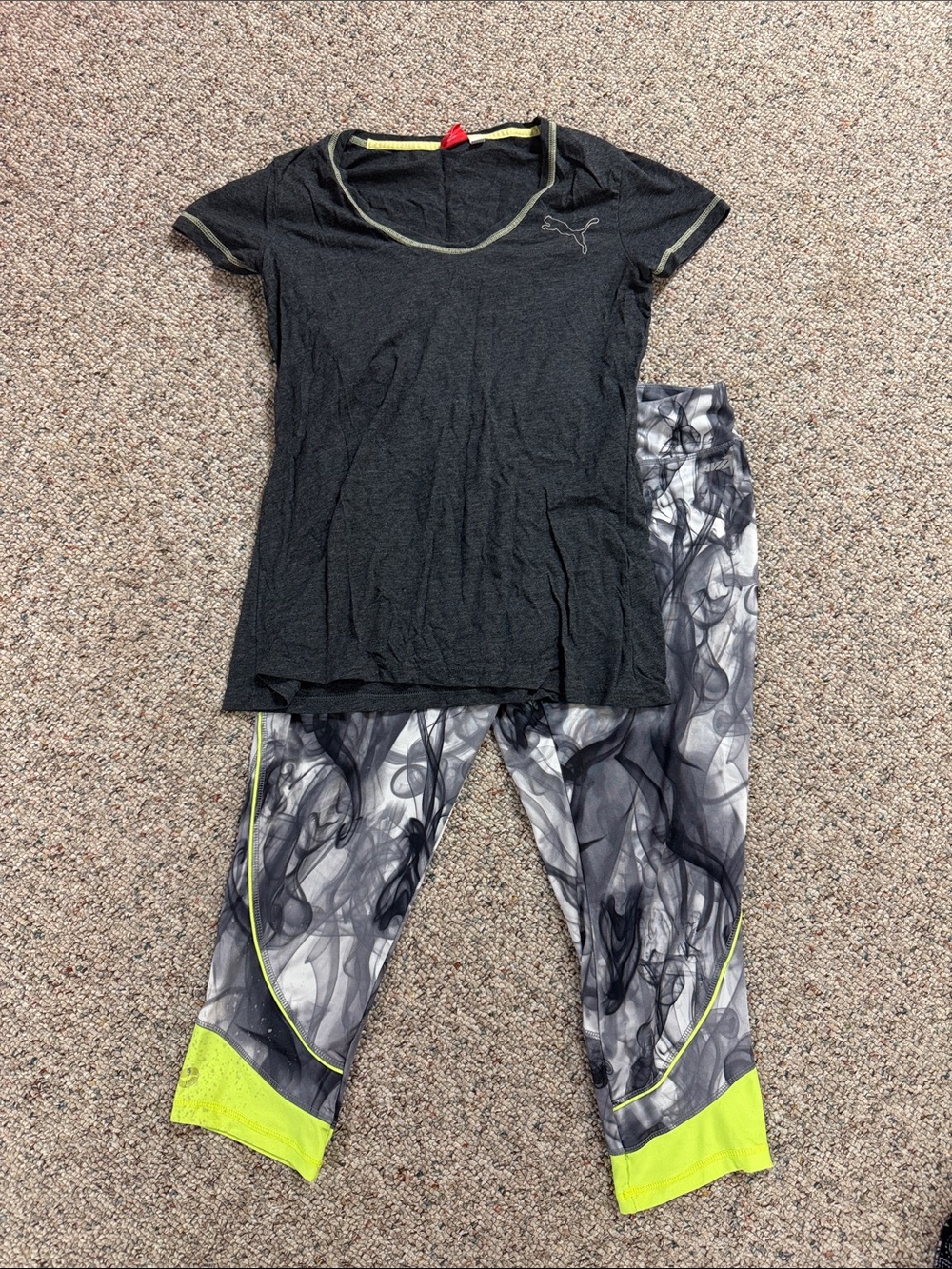 Puma Gray Tee with Gray Smoke-Print Capri Leggings and Neon Yellow Accents